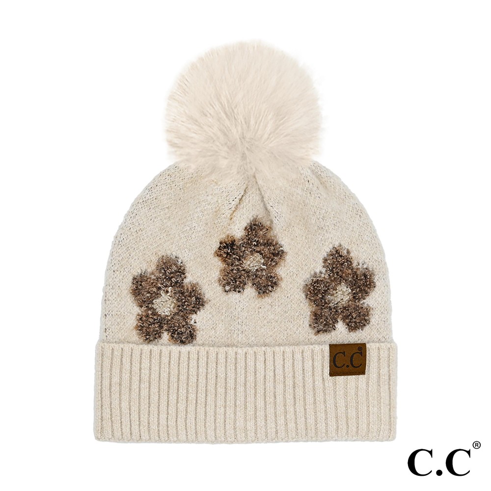 C.C HTC0079 Daisy Pattern Beanie With Pom - 97% Recycled Polyester / 3% Spandex - Pom 100% Faux Fur - One Size Fits Most view 2