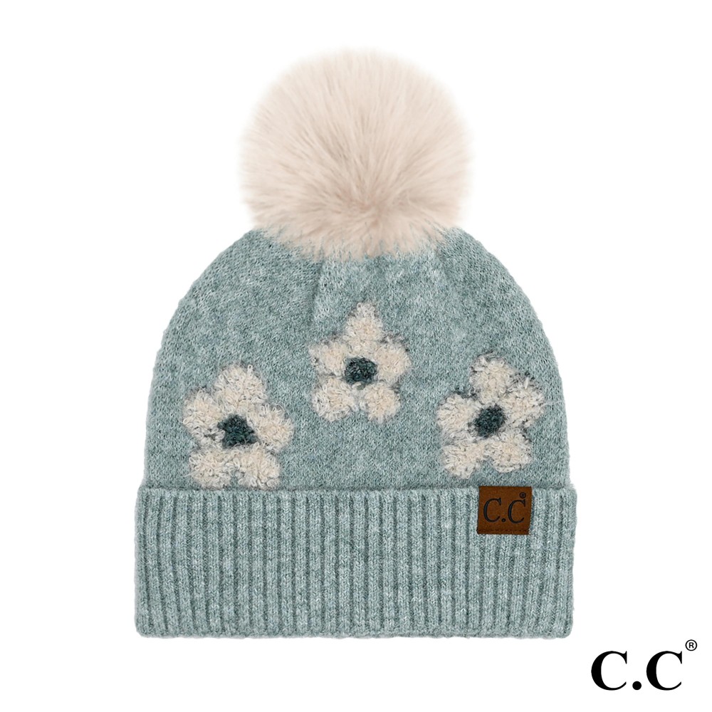 C.C HTC0079 Daisy Pattern Beanie With Pom - 97% Recycled Polyester / 3% Spandex - Pom 100% Faux Fur - One Size Fits Most view 2