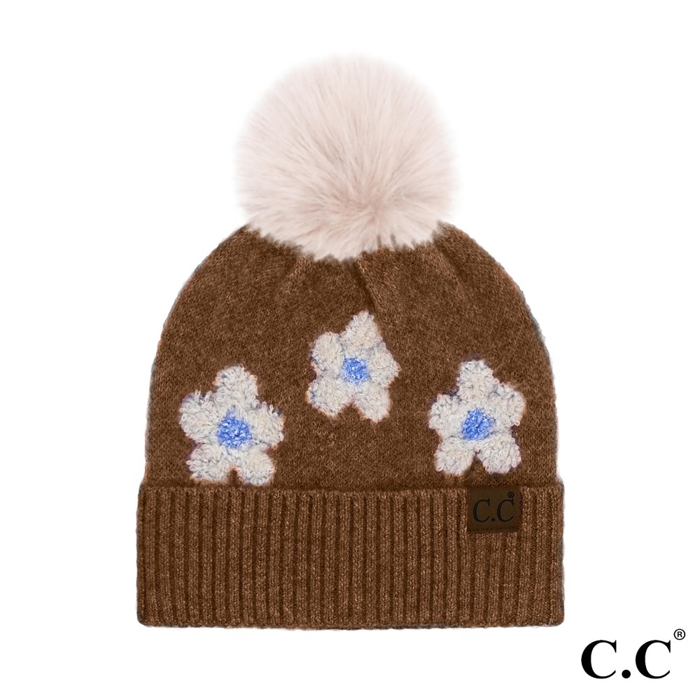 C.C HTC0079 Daisy Pattern Beanie With Pom - 97% Recycled Polyester / 3% Spandex - Pom 100% Faux Fur - One Size Fits Most view 2