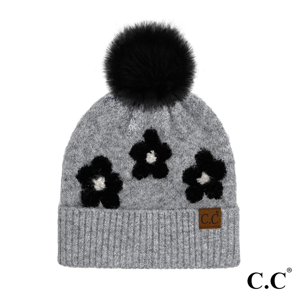 C.C HTC0079 Daisy Pattern Beanie With Pom - 97% Recycled Polyester / 3% Spandex - Pom 100% Faux Fur - One Size Fits Most view 2