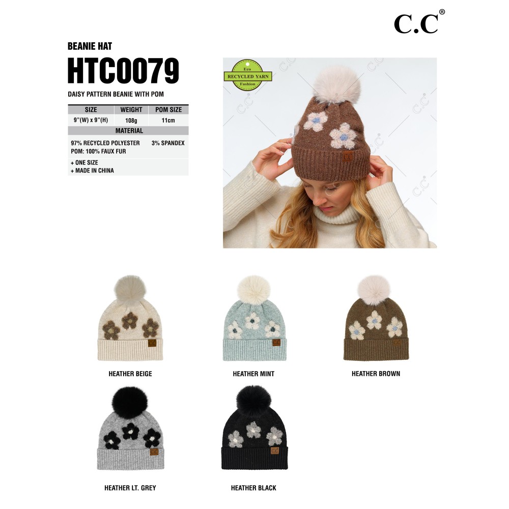 C.C HTC0079 Daisy Pattern Beanie With Pom - 97% Recycled Polyester / 3% Spandex - Pom 100% Faux Fur - One Size Fits Most view 4