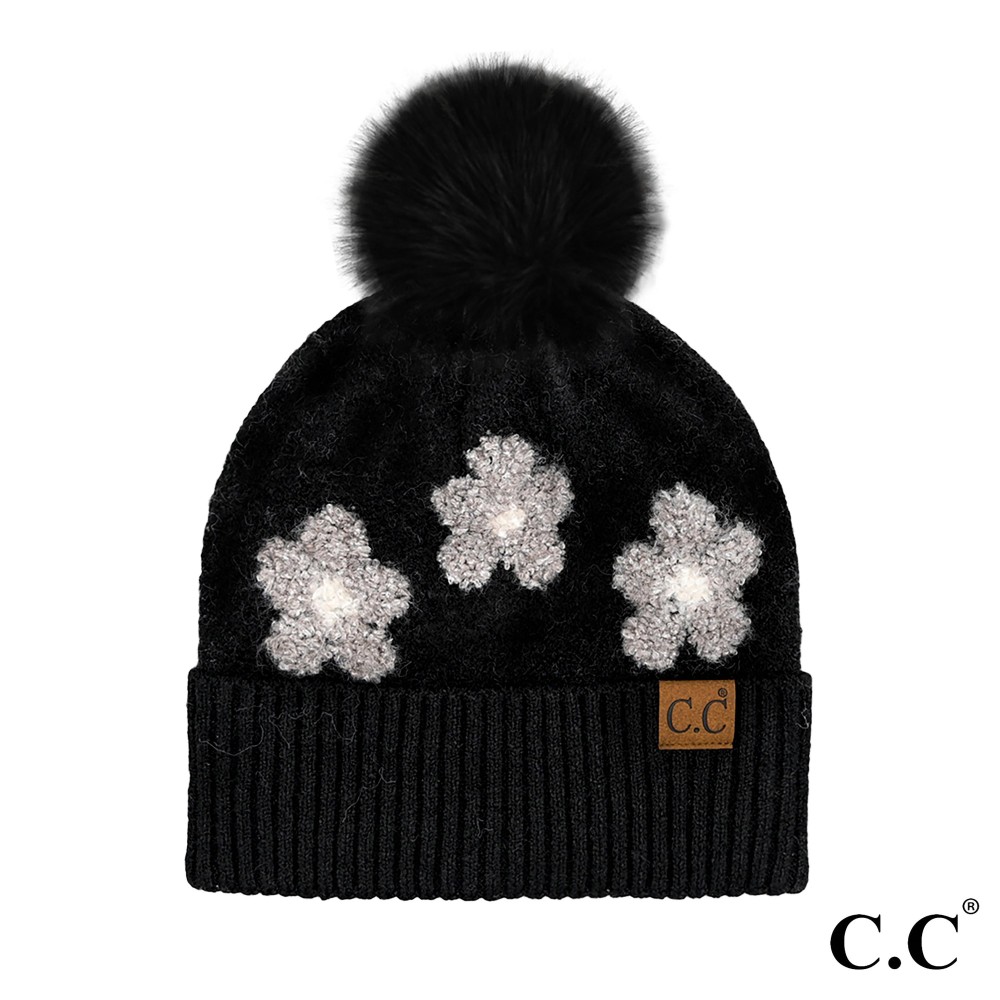 C.C HTC0079 Daisy Pattern Beanie With Pom - 97% Recycled Polyester / 3% Spandex - Pom 100% Faux Fur - One Size Fits Most view 2