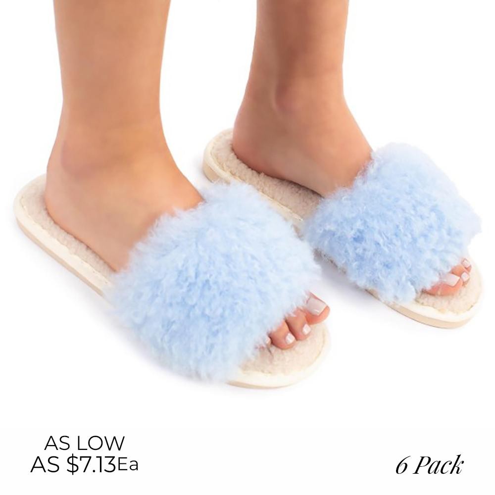 Fuzzy Slide On Slippers with Faux Fur Insoles - 6 Pairs Per Pack - Rubber Sole - Assorted Sizes: 2S/ 2M / 2L view 2
