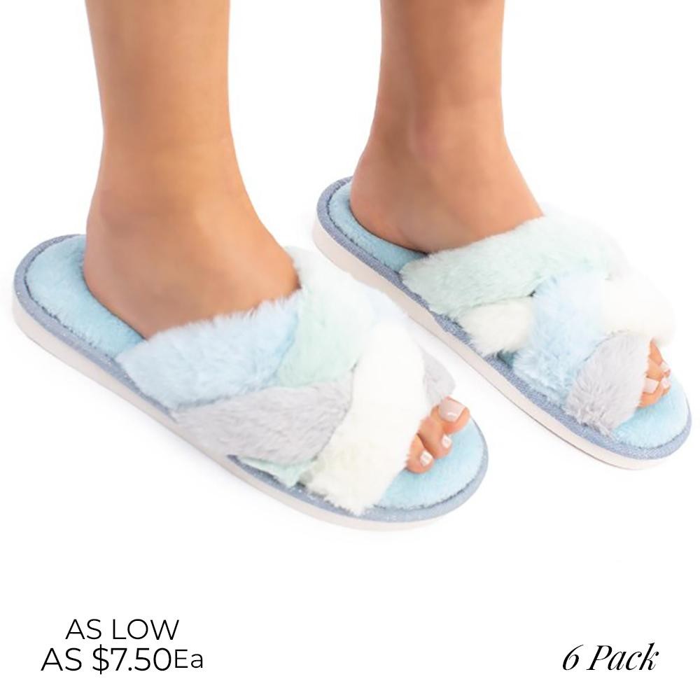 Faux Fur Criss Cross Slippers - 6 Pairs Per Pack - Rubber Sole - Size Run- 2S / 2M / 2L view 2