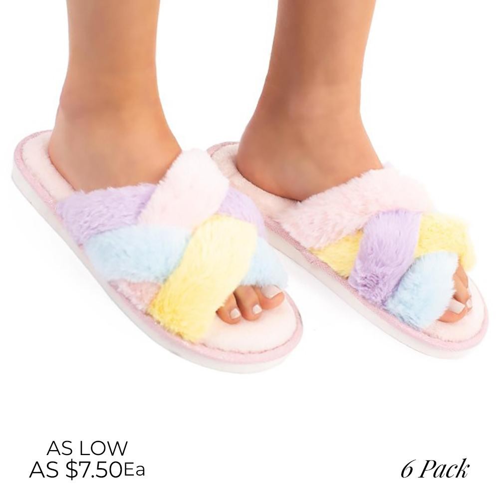 Faux Fur Criss Cross Slippers - 6 Pairs Per Pack - Rubber Sole - Size Run- 2S / 2M / 2L view 2
