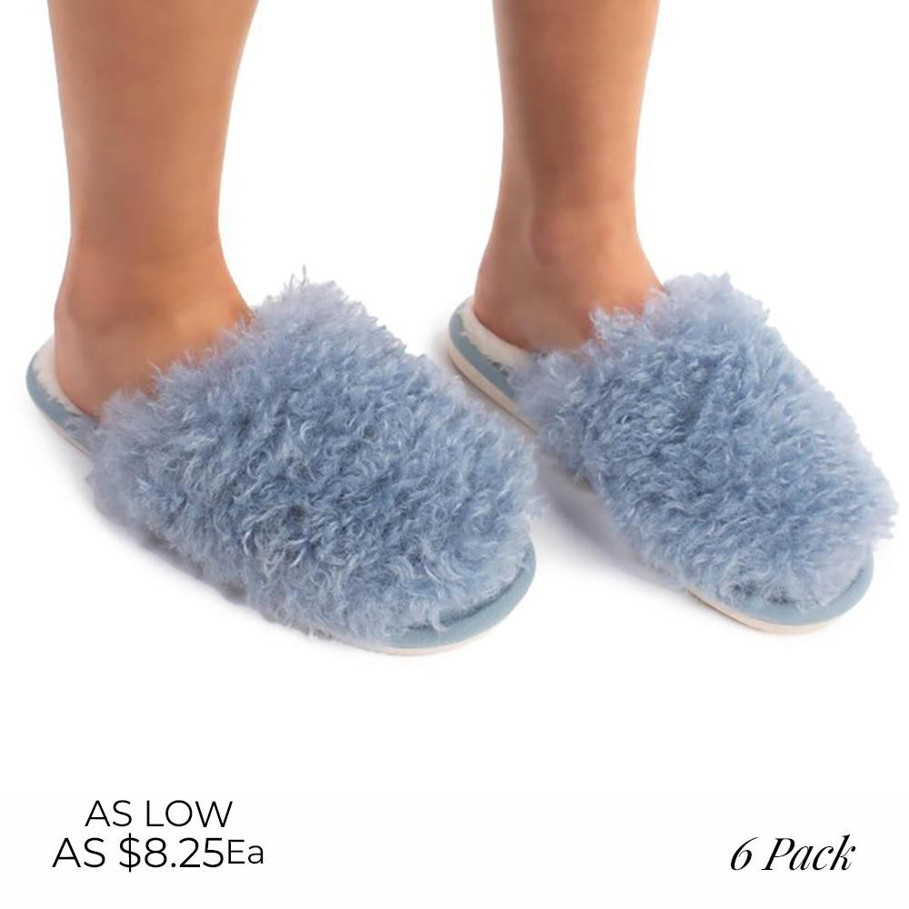 Fuzzy Slippers with Faux Fur Insoles - 6 Pairs Per Pack - Rubber Sole - Assorted Sizes: 2S/ 2M / 2L view 2