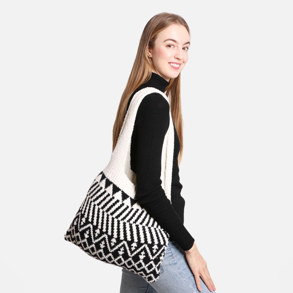 ComfyLuxe Geometric Knit Tote Bag - Approximately 15" W x 12" H - 100% Poly Microfiber view 2