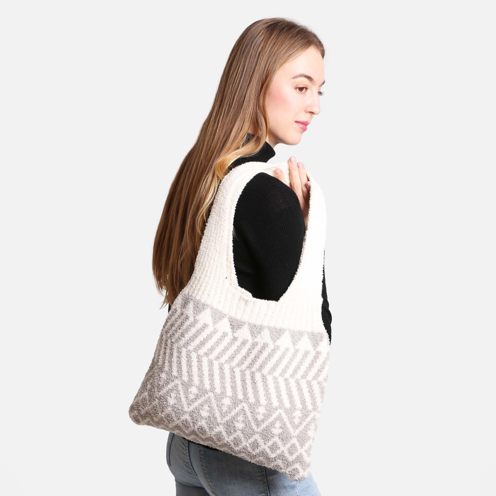 ComfyLuxe Geometric Knit Tote Bag - Approximately 15" W x 12" H - 100% Poly Microfiber view 2