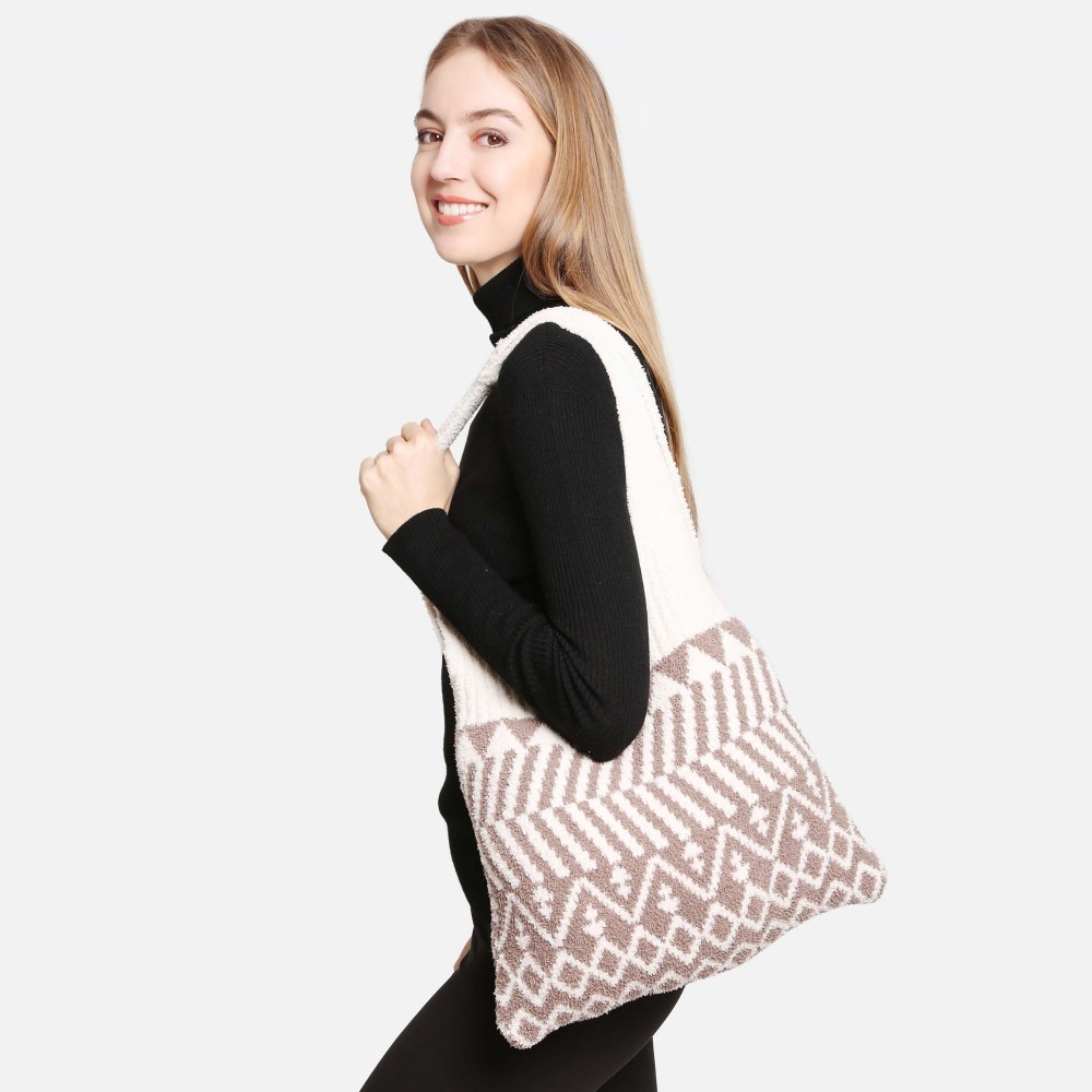 ComfyLuxe Geometric Knit Tote Bag - Approximately 15" W x 12" H - 100% Poly Microfiber view 2
