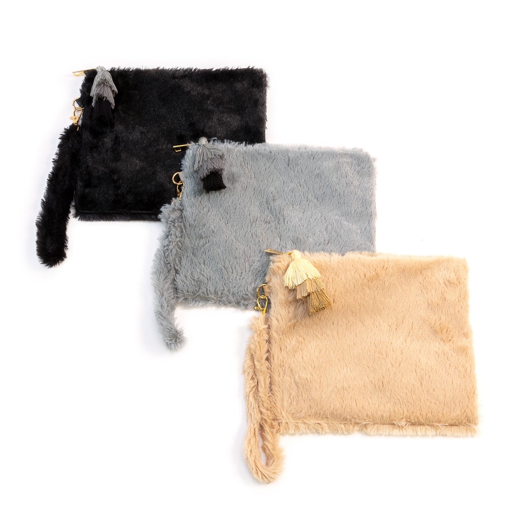 Faux Fur Wristlet Pouch Handbag With Tassel Zipper Pull - Full Zip Closure - One Internal Pocket - Approximately 8.5" W x 7" H - 100% Polyester view 4