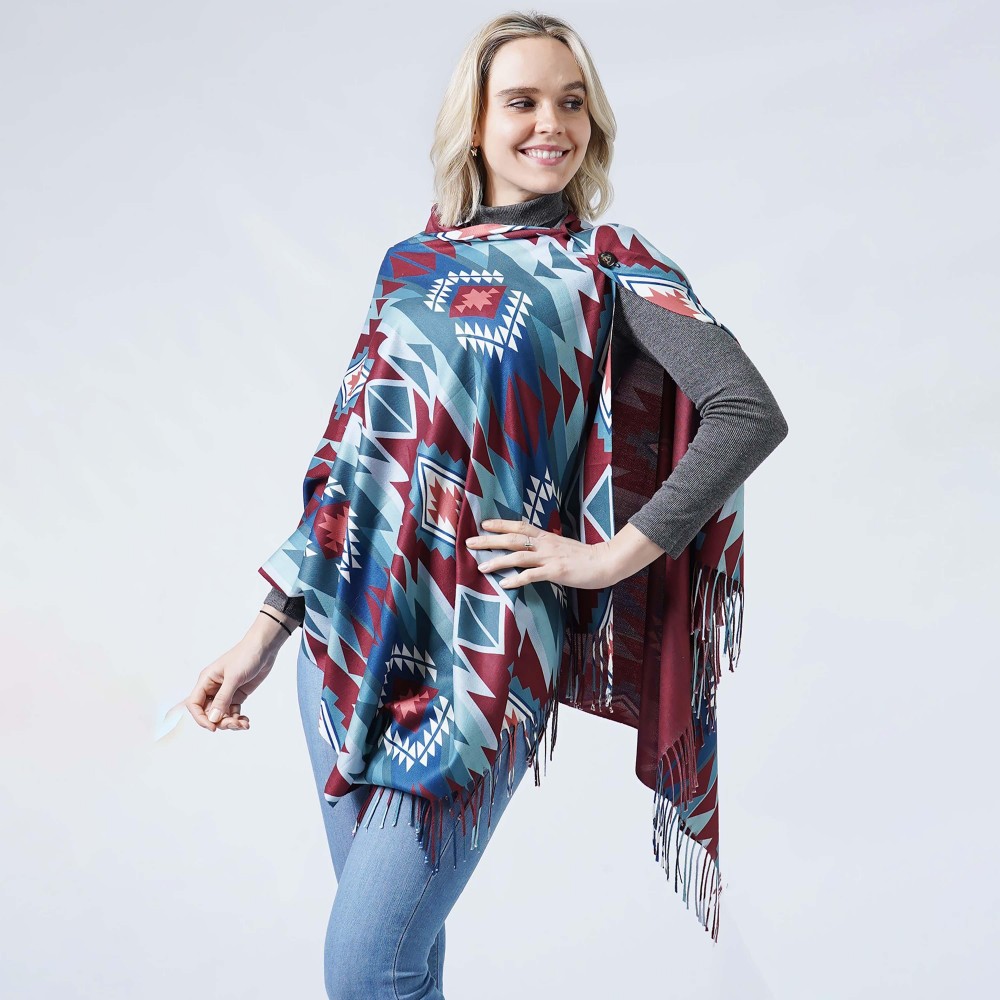 Lightweight Western Double Sided Scarf Ruana With Button Closure - One Size Fits Most - 100% Polyester - Approximately 27.5" W x 74" L view 2