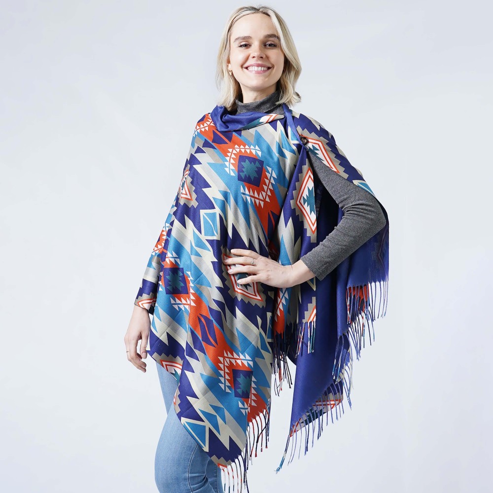 Lightweight Western Double Sided Scarf Ruana With Button Closure - One Size Fits Most - 100% Polyester - Approximately 27.5" W x 74" L view 2