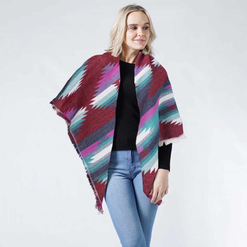 Western Jacquard Blanket Wrap Scarf With Frayed Edges - 100% Acrylic - Approximately 52.5" W x 55" L view 2