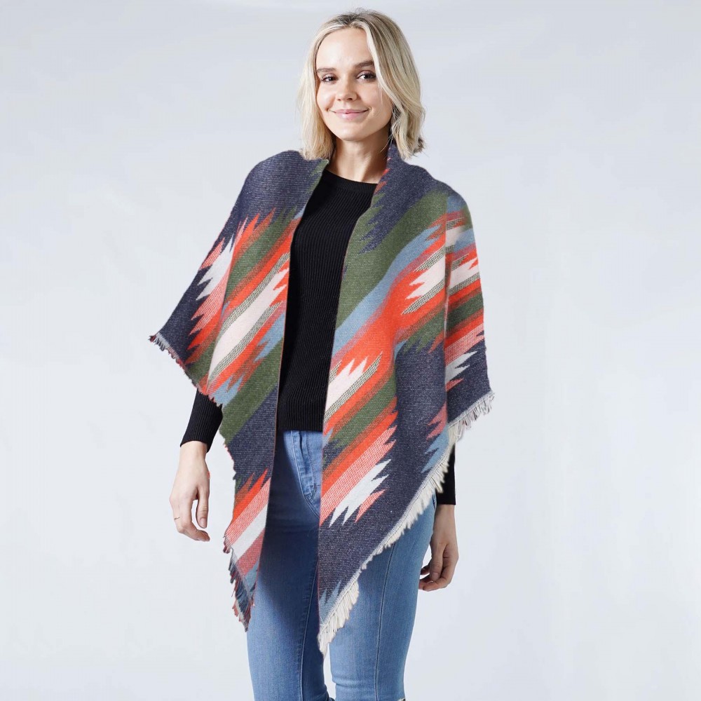 Western Jacquard Blanket Wrap Scarf With Frayed Edges - 100% Acrylic - Approximately 52.5" W x 55" L view 2