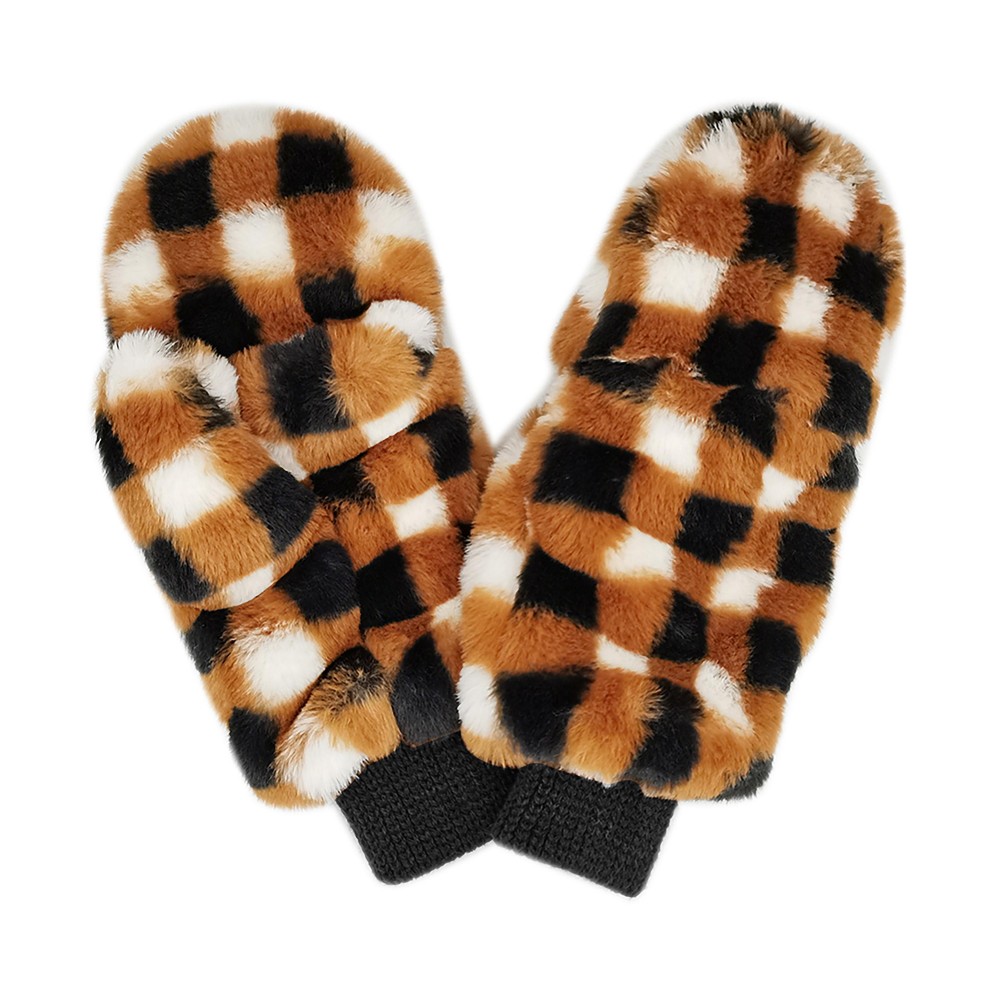 Checkered Faux Fur Mittens - One Size Fits Most - 100% Polyester view 2