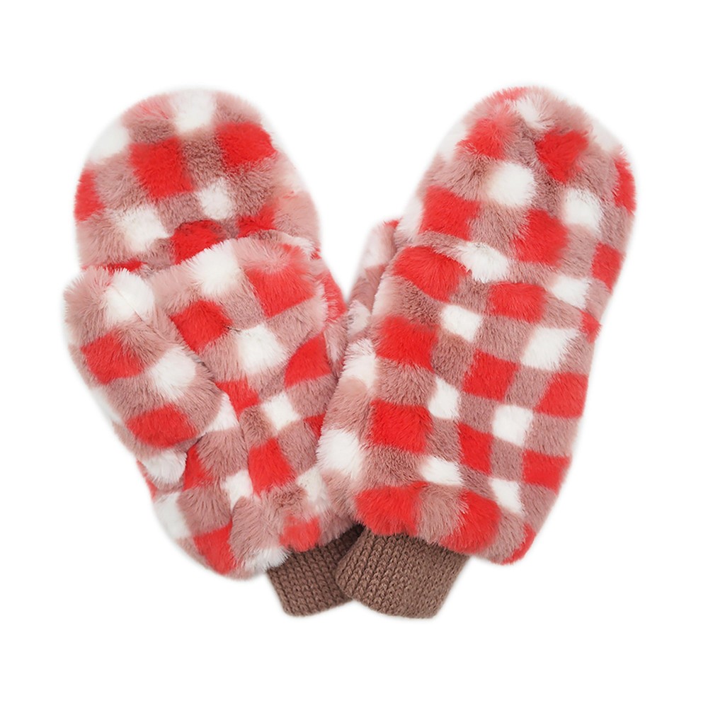 Checkered Faux Fur Mittens - One Size Fits Most - 100% Polyester view 2