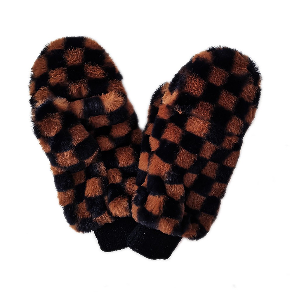 Faux Fur Checkered Mittens With Fold-Over Finger Covering. - Lined Inside - One Size Fits Most - 100% Polyester view 2