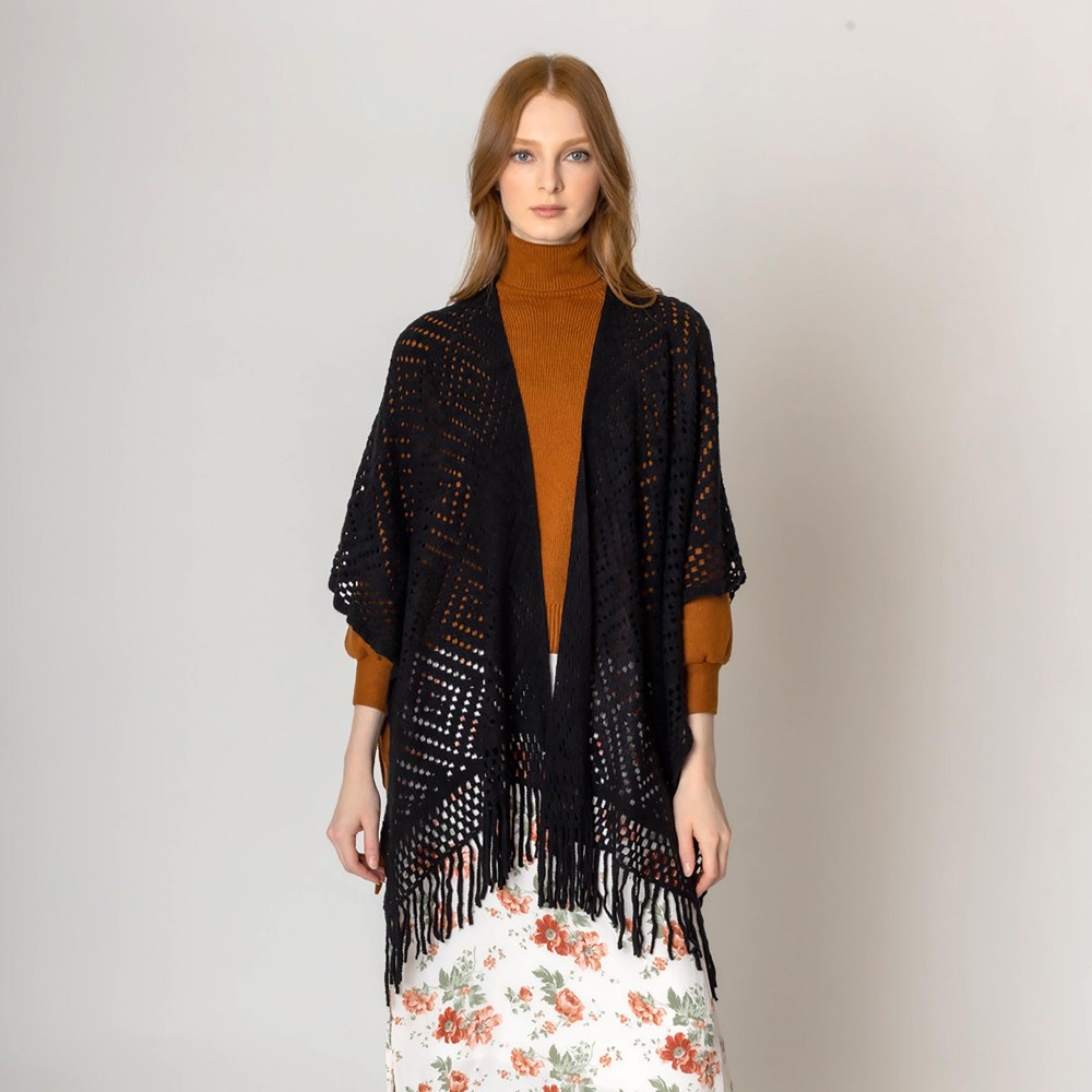 Solid Color Knit Ruana Wrap With Diamond Pattern Eyelets. - One Size ...