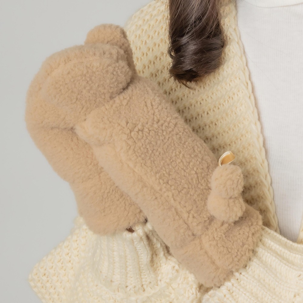 Fuzzy Lined Solid Color Mittens With Pom Bow Accents. - One Size Fits Most - 100% Polyester view 2