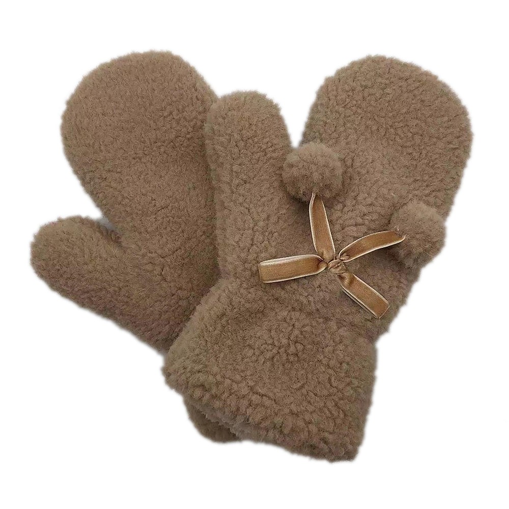 Fuzzy Lined Solid Color Mittens With Pom Bow Accents. - One Size Fits Most - 100% Polyester view 4