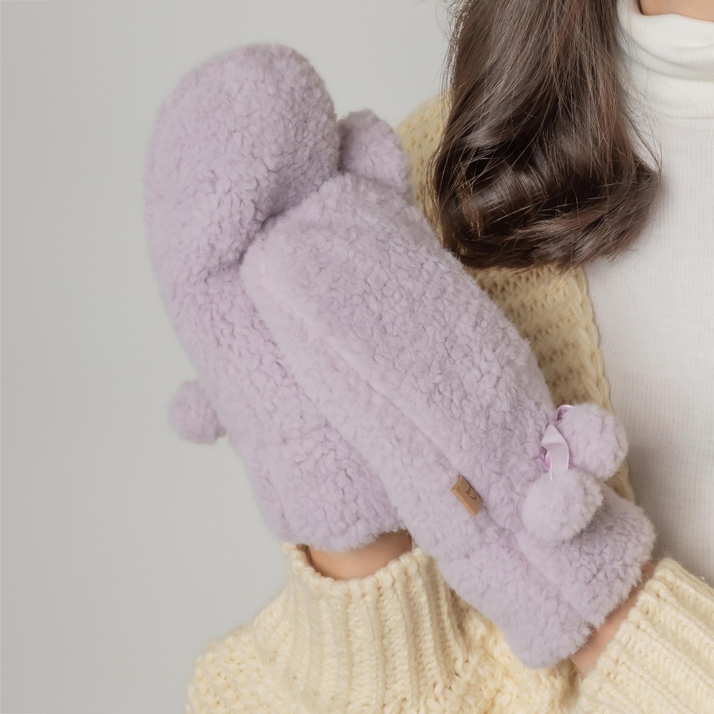 Fuzzy Lined Solid Color Mittens With Pom Bow Accents. - One Size Fits Most - 100% Polyester view 2