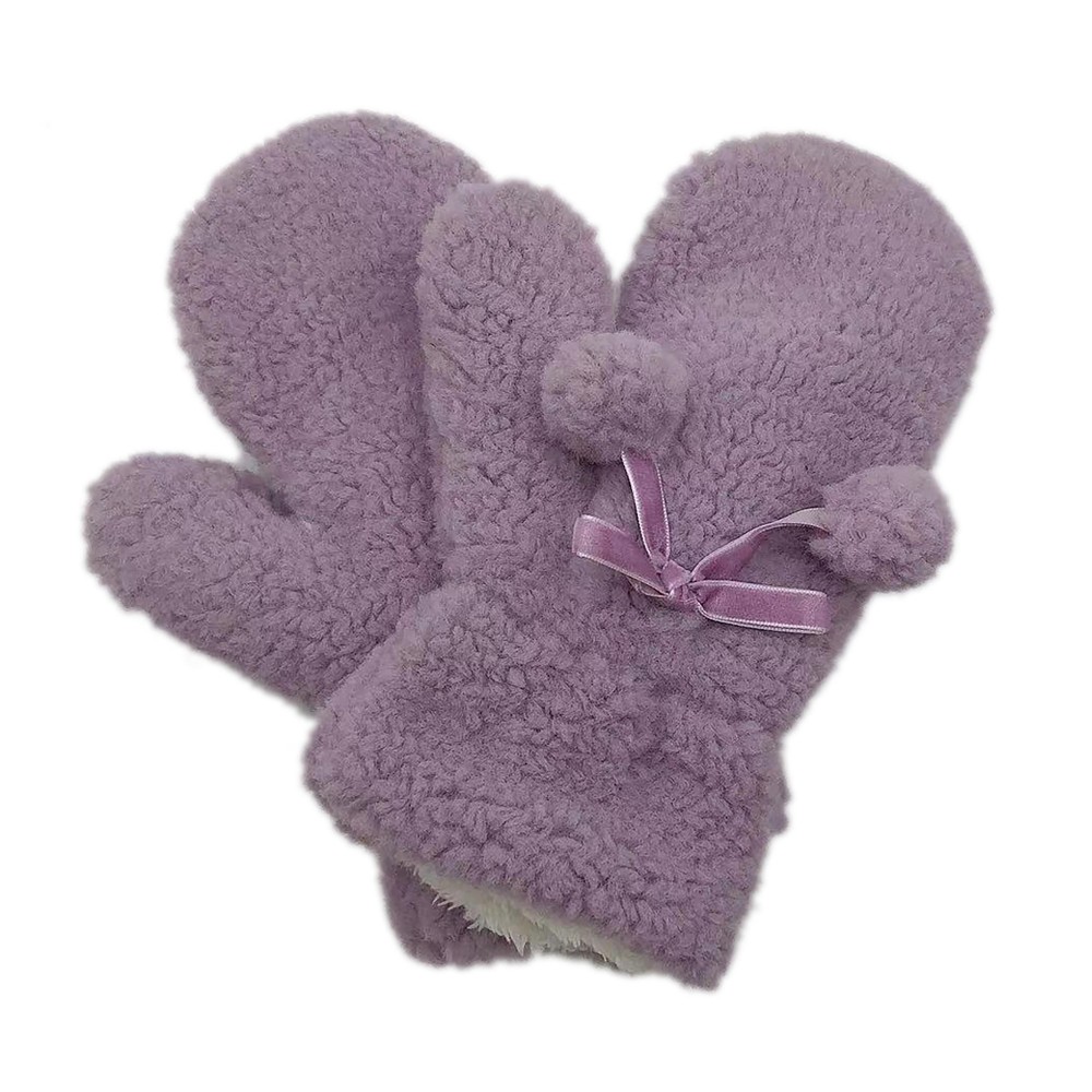Fuzzy Lined Solid Color Mittens With Pom Bow Accents. - One Size Fits Most - 100% Polyester view 4
