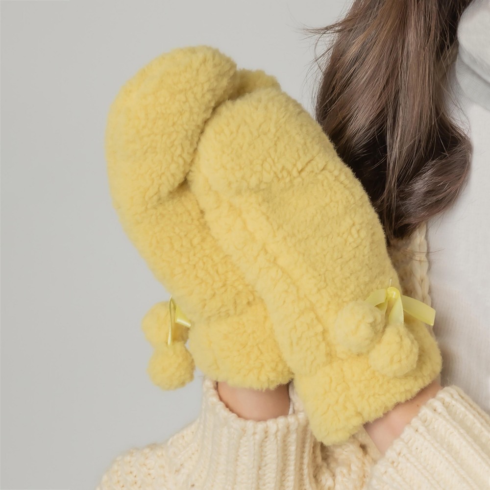 Fuzzy Lined Solid Color Mittens With Pom Bow Accents. - One Size Fits Most - 100% Polyester view 2