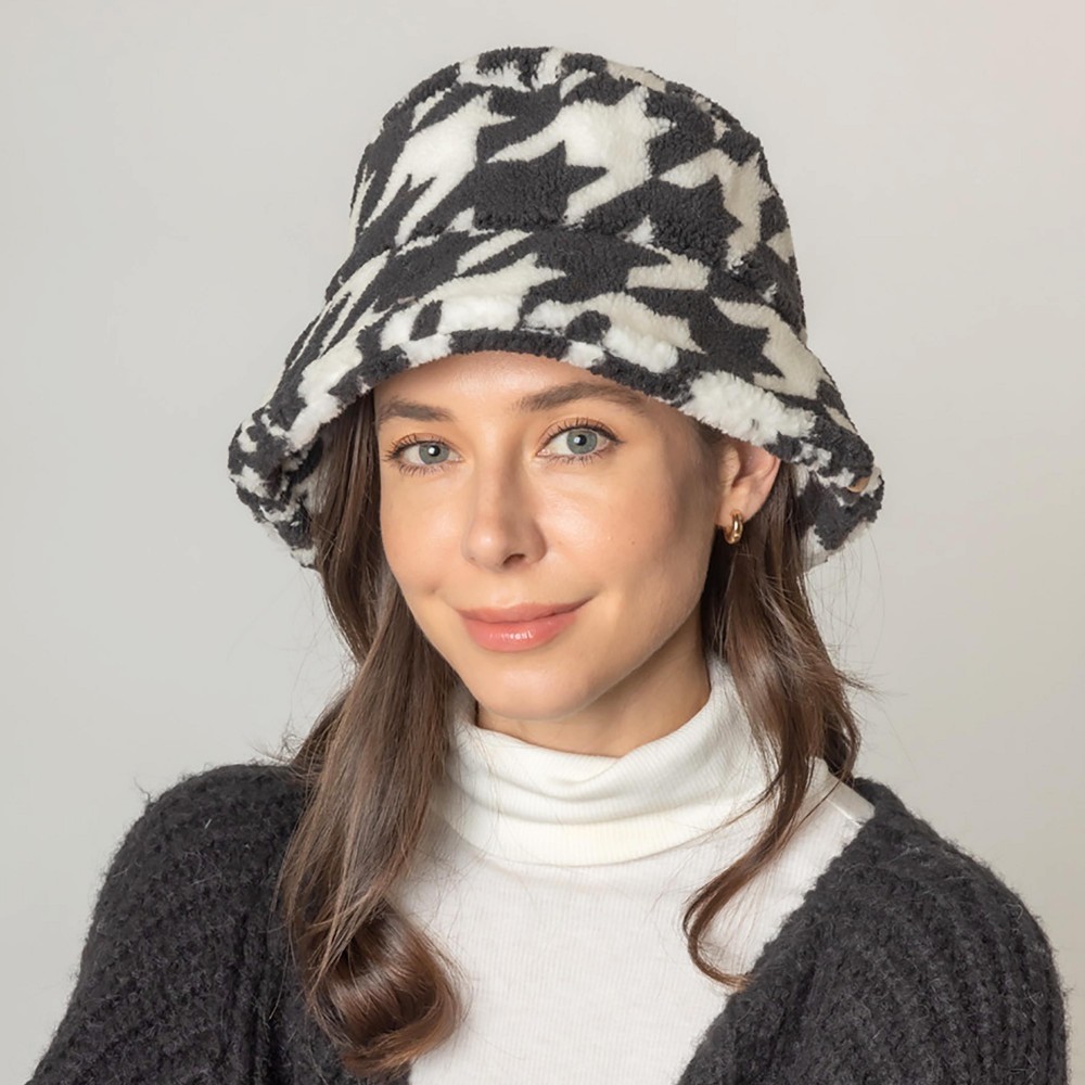 Do Everything In Love Houndstooth Sherpa Bucket Hat - One Size Fits Most - Lined / Adjustable Drawstring - 100% Polyester view 2