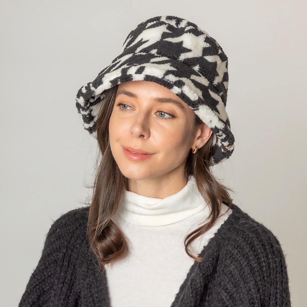 Do Everything In Love Houndstooth Sherpa Bucket Hat - One Size Fits Most - Lined / Adjustable Drawstring - 100% Polyester view 4