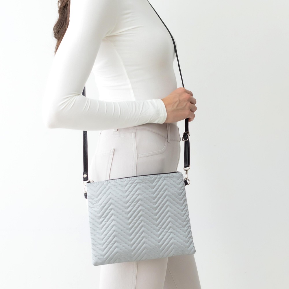 Reflective Chevron Stitch Cross Body Handbag With Detachable Leather Wristlet and Adjustable Strap. - One Inner Pocket With Zipper Closure - Approximately 10” W x 8” T - Strap Drop Approximately 13” - 27” L - 100% Polyester view 2