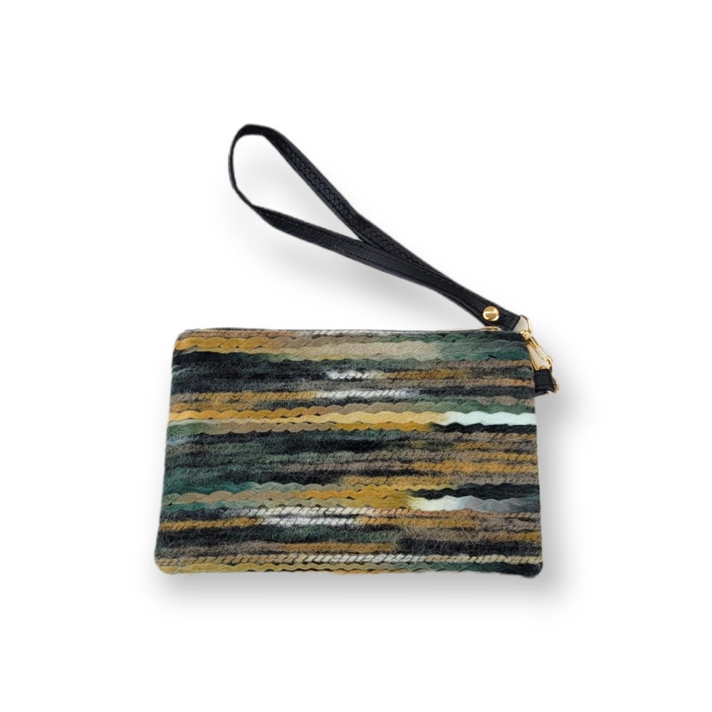 Crocheted Yarn Wristlet Handbag With Detachable Leather Wristlet Strap. - Approximately 8” W x 5” T - 100% Polyester view 2