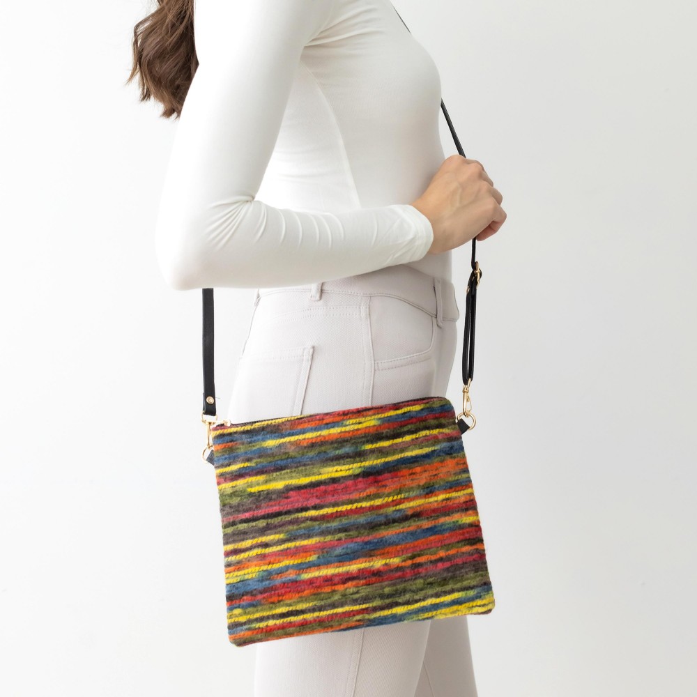 Crocheted Yarn Cross Body Handbag With Detachable Leather Wristlet and Adjustable Strap. - One Inner Pocket With Zipper Closure - Approximately 10” W x 8” T - Strap Drop Approximately 13” - 27” L - 100% Polyester view 2