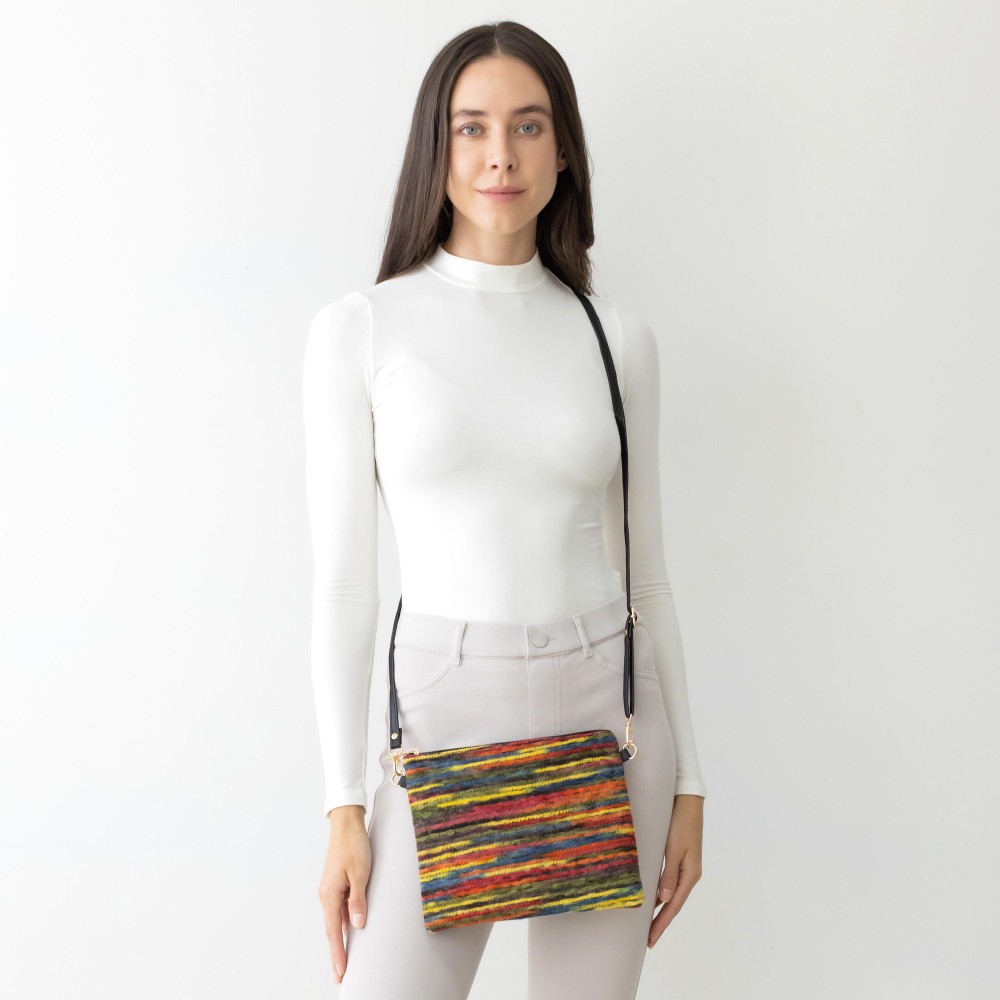 Crocheted Yarn Cross Body Handbag With Detachable Leather Wristlet and Adjustable Strap. - One Inner Pocket With Zipper Closure - Approximately 10” W x 8” T - Strap Drop Approximately 13” - 27” L - 100% Polyester view 4