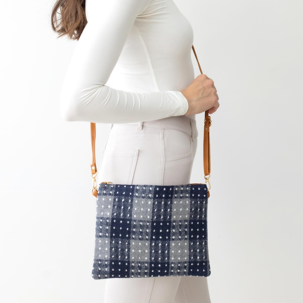 Buffalo Check and Polka-Dot Cross Body Handbag With Detachable Leather Wristlet and Adjustable Strap. - One Inner Pocket With Zipper Closure - Approximately 10” W x 8” T - Strap Drop Approximately 13” - 27” L - 100% Polyester view 2