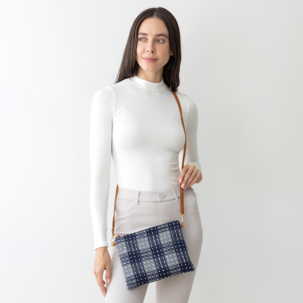 Buffalo Check and Polka-Dot Cross Body Handbag With Detachable Leather Wristlet and Adjustable Strap. - One Inner Pocket With Zipper Closure - Approximately 10” W x 8” T - Strap Drop Approximately 13” - 27” L - 100% Polyester view 4