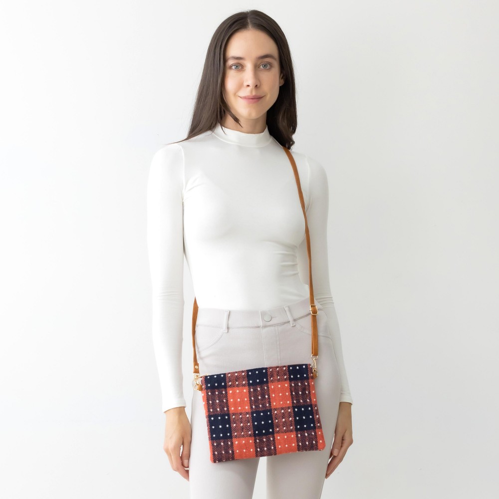 Buffalo Check and Polka-Dot Cross Body Handbag With Detachable Leather Wristlet and Adjustable Strap. - One Inner Pocket With Zipper Closure - Approximately 10” W x 8” T - Strap Drop Approximately 13” - 27” L - 100% Polyester view 4