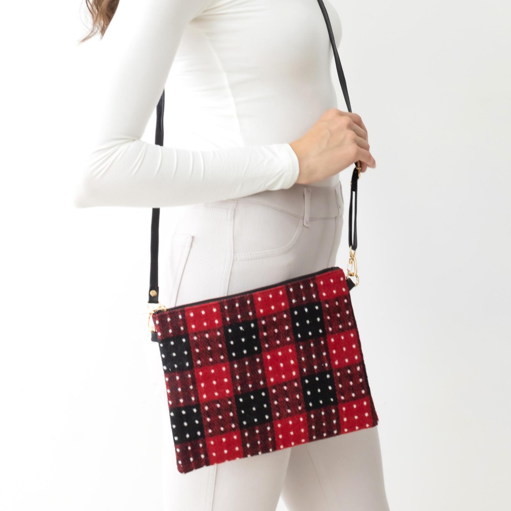 Buffalo Check and Polka-Dot Cross Body Handbag With Detachable Leather Wristlet and Adjustable Strap. - One Inner Pocket With Zipper Closure - Approximately 10” W x 8” T - Strap Drop Approximately 13” - 27” L - 100% Polyester view 2