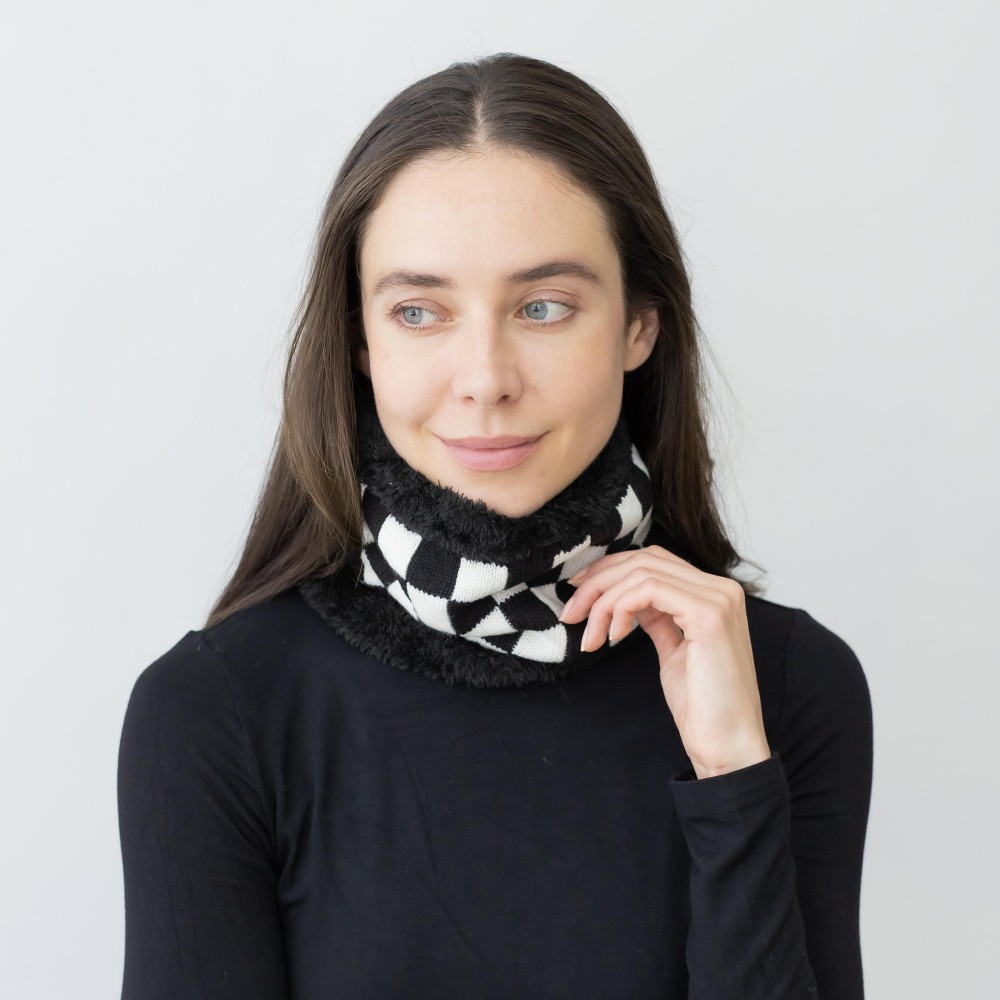 Fuzzy Lined Knit Checker Board Tube Scarf. - Approximately 9" Diameter x 8" T - 100% Acrylic view 2