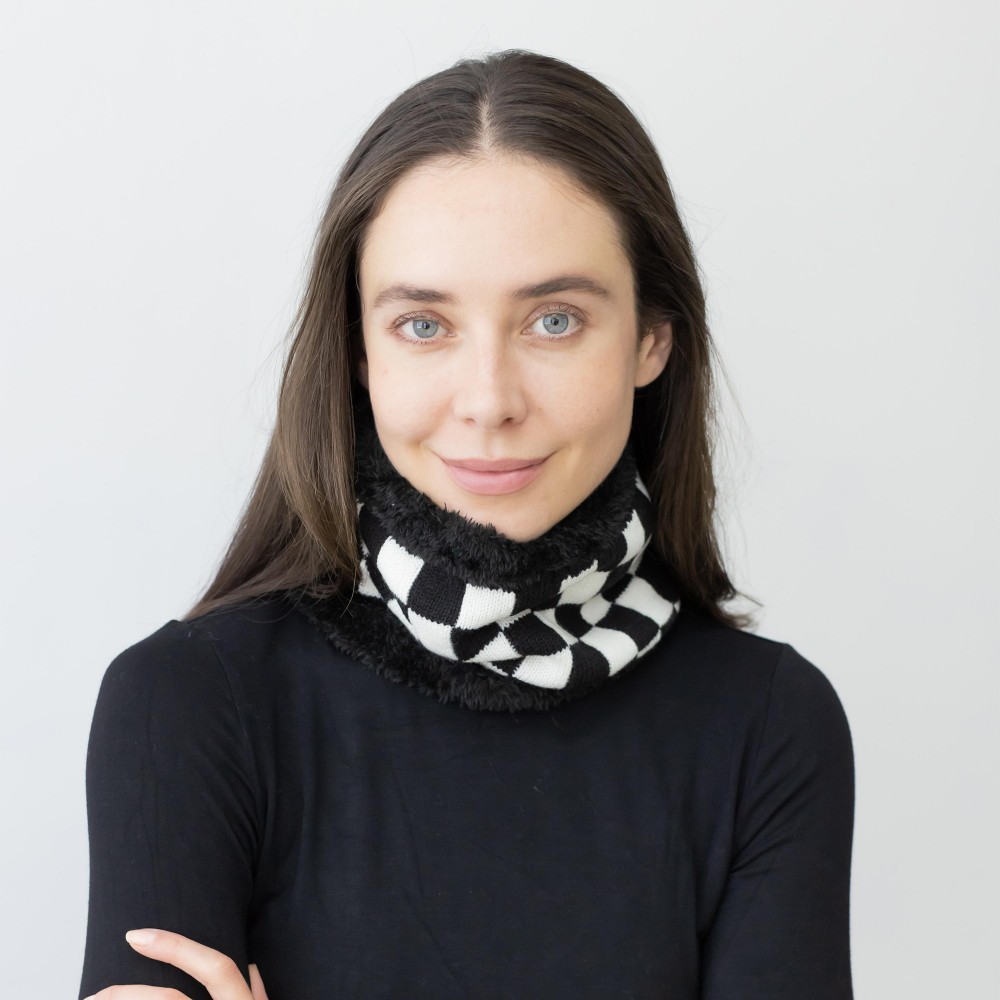 Fuzzy Lined Knit Checker Board Tube Scarf. - Approximately 9" Diameter x 8" T - 100% Acrylic view 4