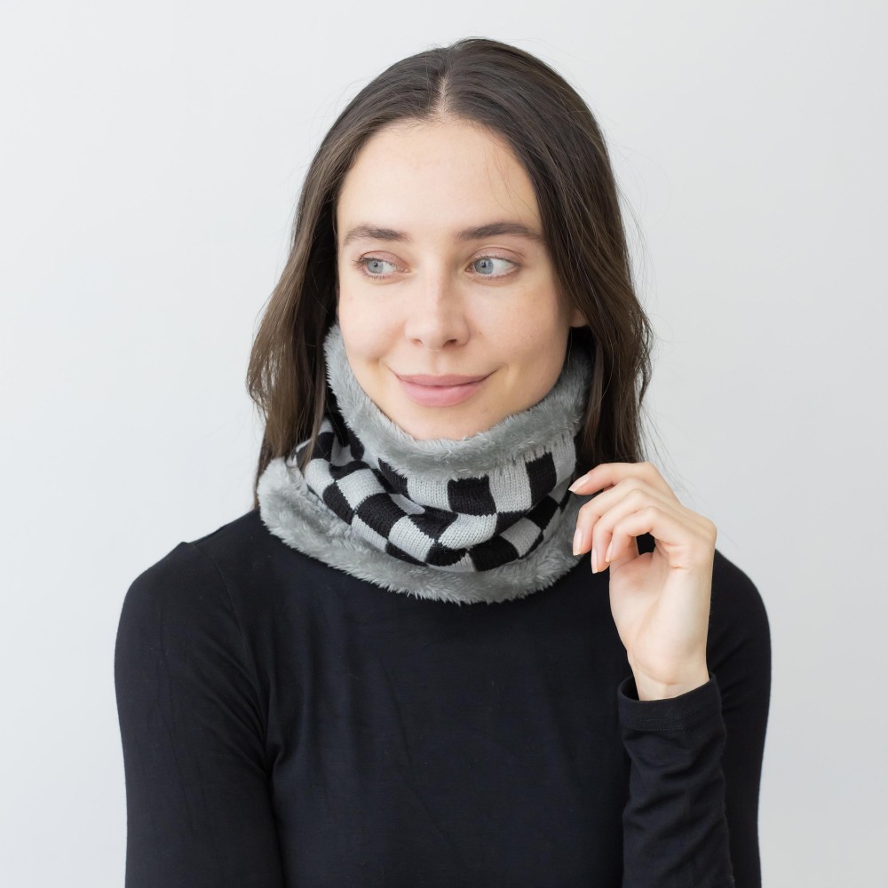 Fuzzy Lined Knit Checker Board Tube Scarf. - Approximately 9" Diameter x 8" T - 100% Acrylic view 2