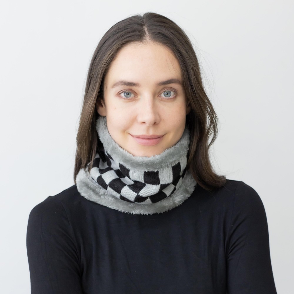 Fuzzy Lined Knit Checker Board Tube Scarf. - Approximately 9" Diameter x 8" T - 100% Acrylic view 4