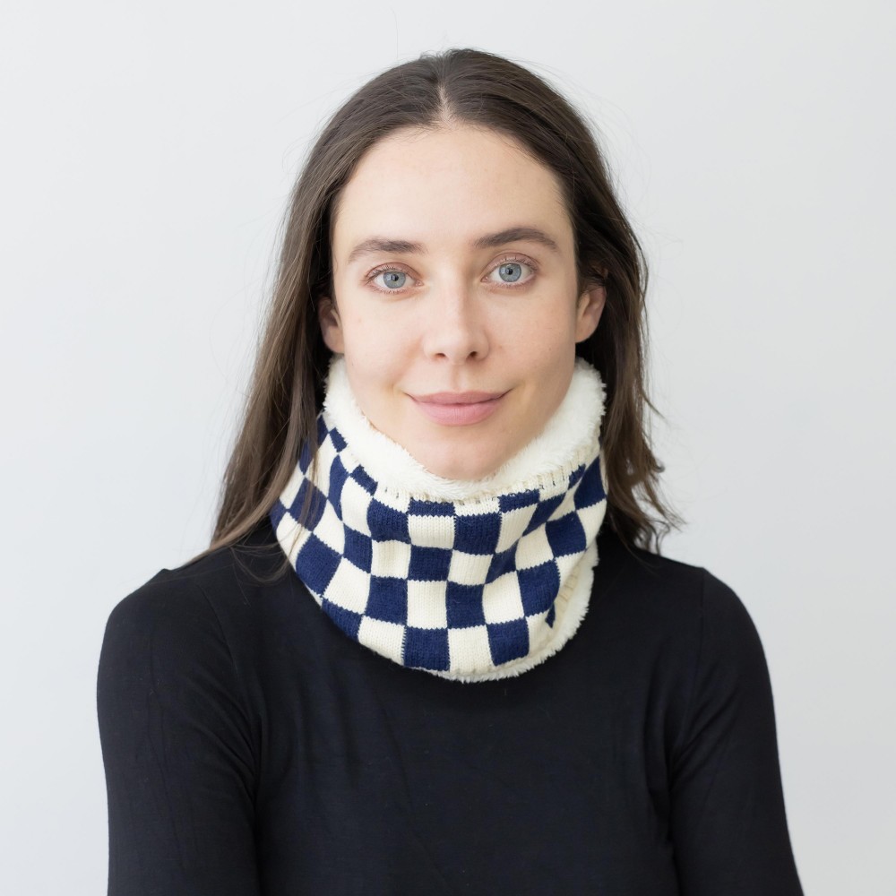 Fuzzy Lined Knit Checker Board Tube Scarf. - Approximately 9" Diameter x 8" T - 100% Acrylic view 2