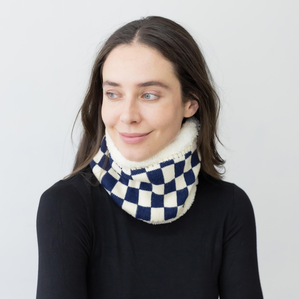 Fuzzy Lined Knit Checker Board Tube Scarf. - Approximately 9" Diameter x 8" T - 100% Acrylic view 4