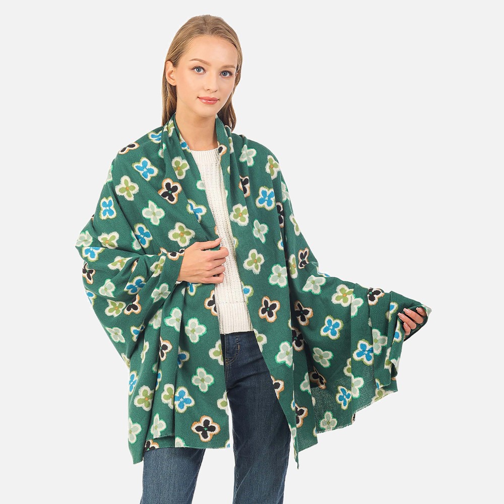 Multi Colored Clover Print Scarf - 100% Polyester - Approximately 35.5" W x 71" L view 2