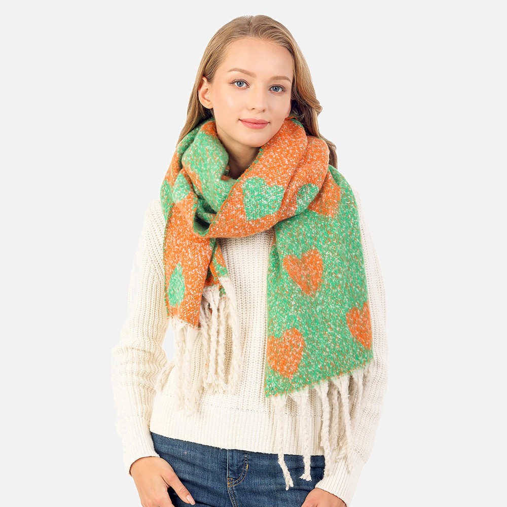 Soft Knit Heart Print Scarf With Fringe Tassels - 100% Polyester - Approximately 84" L x 16" W view 2