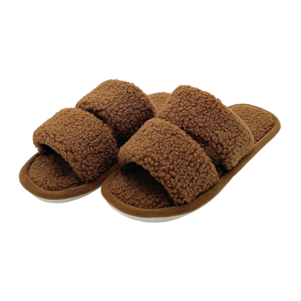 Solid Color Fuzzy Double Strap Slide On Slippers. - Rubber Sole - S: 6-7 / M: 8-9 / L: 10-11 view 2