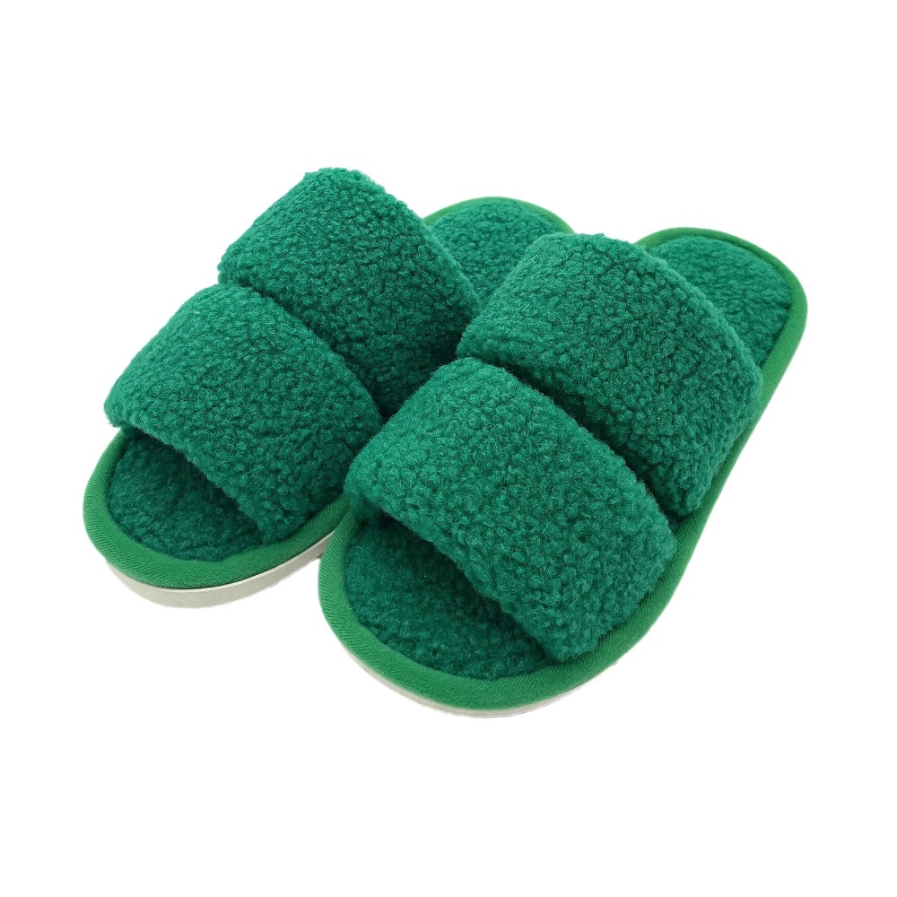 Solid Color Fuzzy Double Strap Slide On Slippers. - Rubber Sole - S: 6-7 / M: 8-9 / L: 10-11 view 2