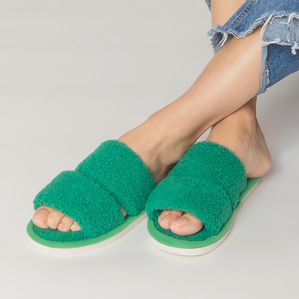 Solid Color Fuzzy Double Strap Slide On Slippers. - Rubber Sole - S: 6-7 / M: 8-9 / L: 10-11 view 4
