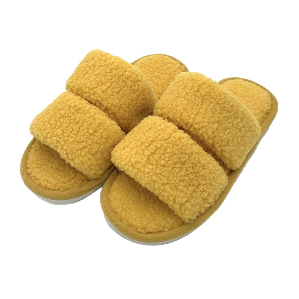 Solid Color Fuzzy Double Strap Slide On Slippers. - Rubber Sole - S: 6-7 / M: 8-9 / L: 10-11 view 2