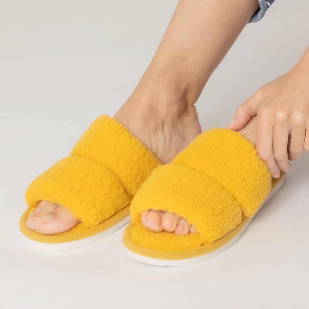 Solid Color Fuzzy Double Strap Slide On Slippers. - Rubber Sole - S: 6-7 / M: 8-9 / L: 10-11 view 4
